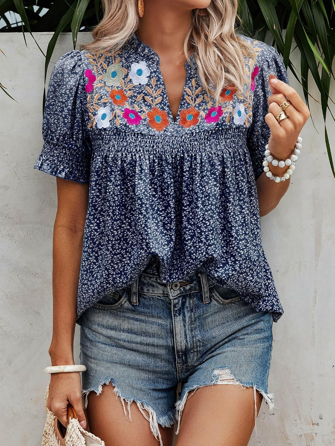 Angashion Womens Tops, Summer Casual Short Sleeve V Neck Solid Flowy Top Loose Tunic Blouses Shirts