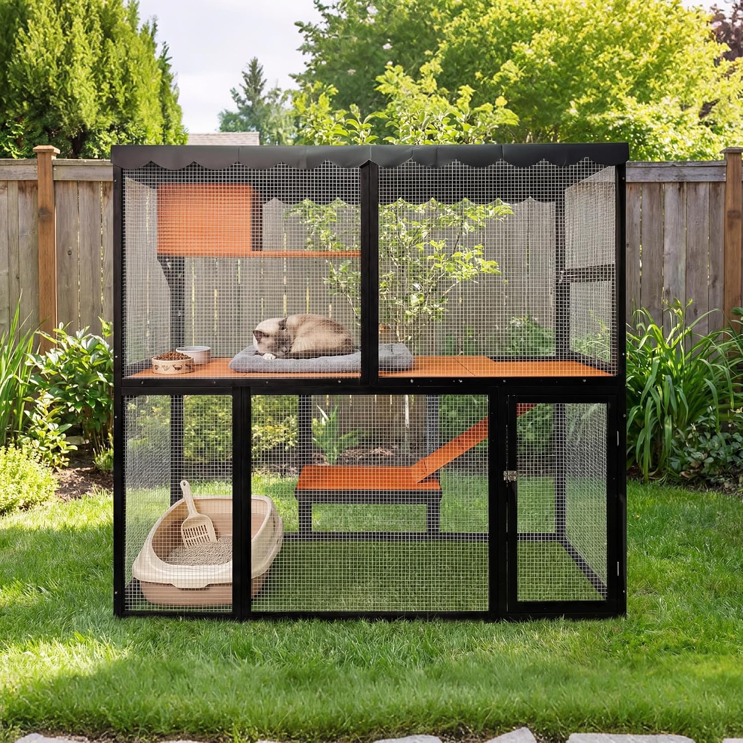 Compact 4-Tier 63" H Catio Outdoor Cat Enclosure, Wooden Cat House for 2-3 Cats, Weatherproof Roof, Window Connection, Predator-Proof