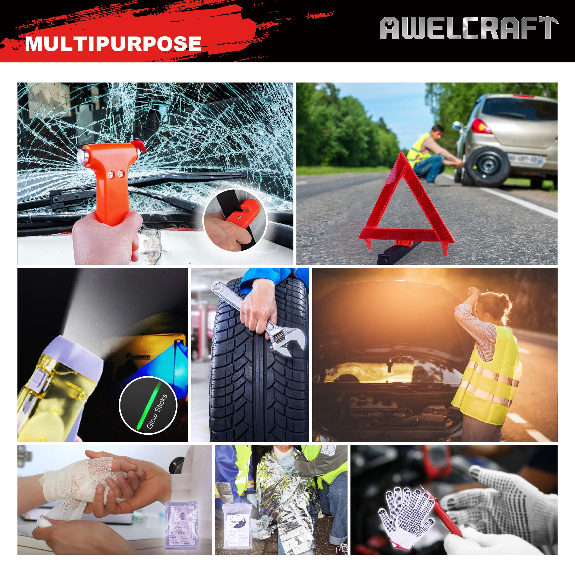 Car Emergency Kit – Roadside 43 Pieces Heavy Duty Car Emergency Kit – Jumper Cables UL Listed, Triangle, Tire Pressure Gauge, Raincoat, Tow Rope, etc– Car Accessories for Women and Men