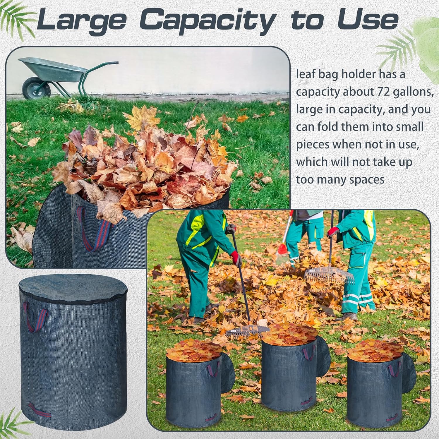 Windyun 6 Pack Leaf Bags with Lid Reusable Yard Waste Bags with 4 Handles Heavy Duty Garden Bags for Leaves Collapsible Container for Lawn (Blue Gray, 72 Gallons)