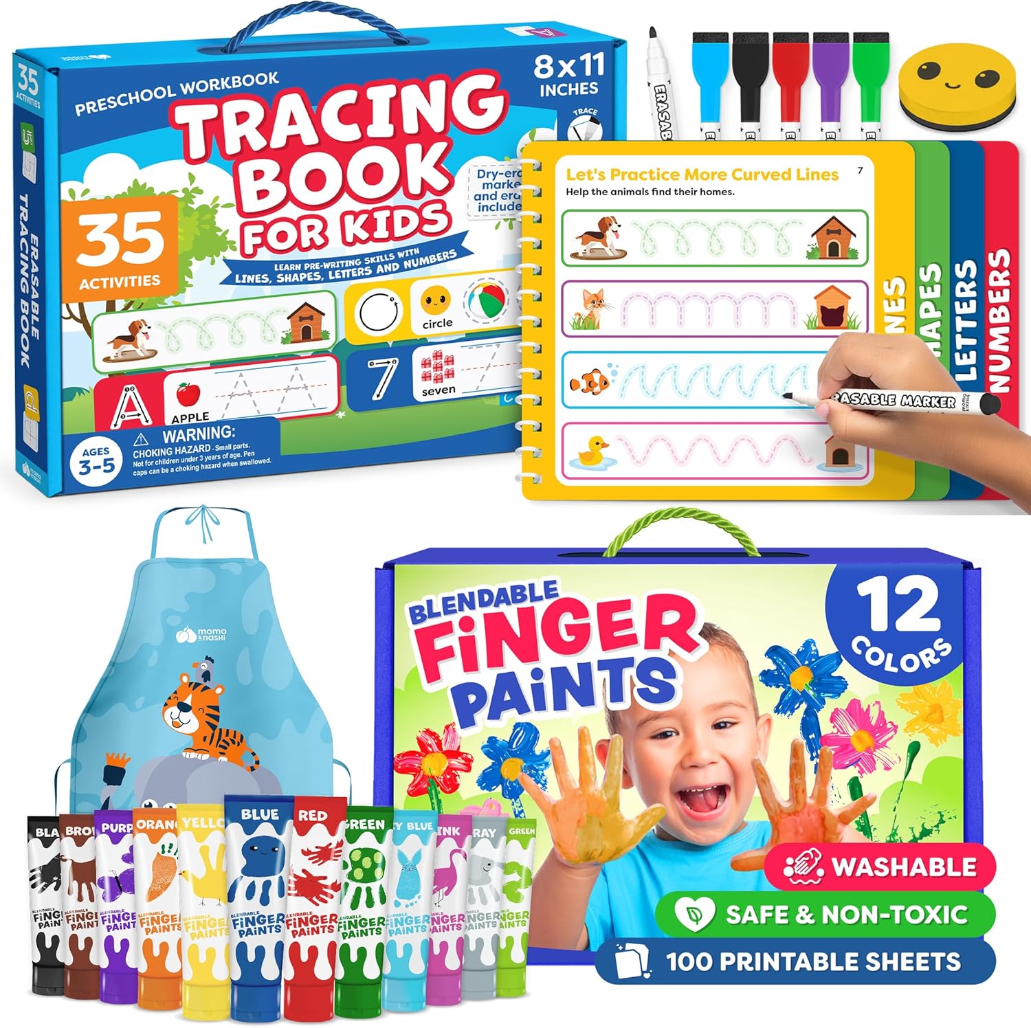 Washable Finger Paints for Toddlers & Dry Erase Letter Tracing Book for Kids