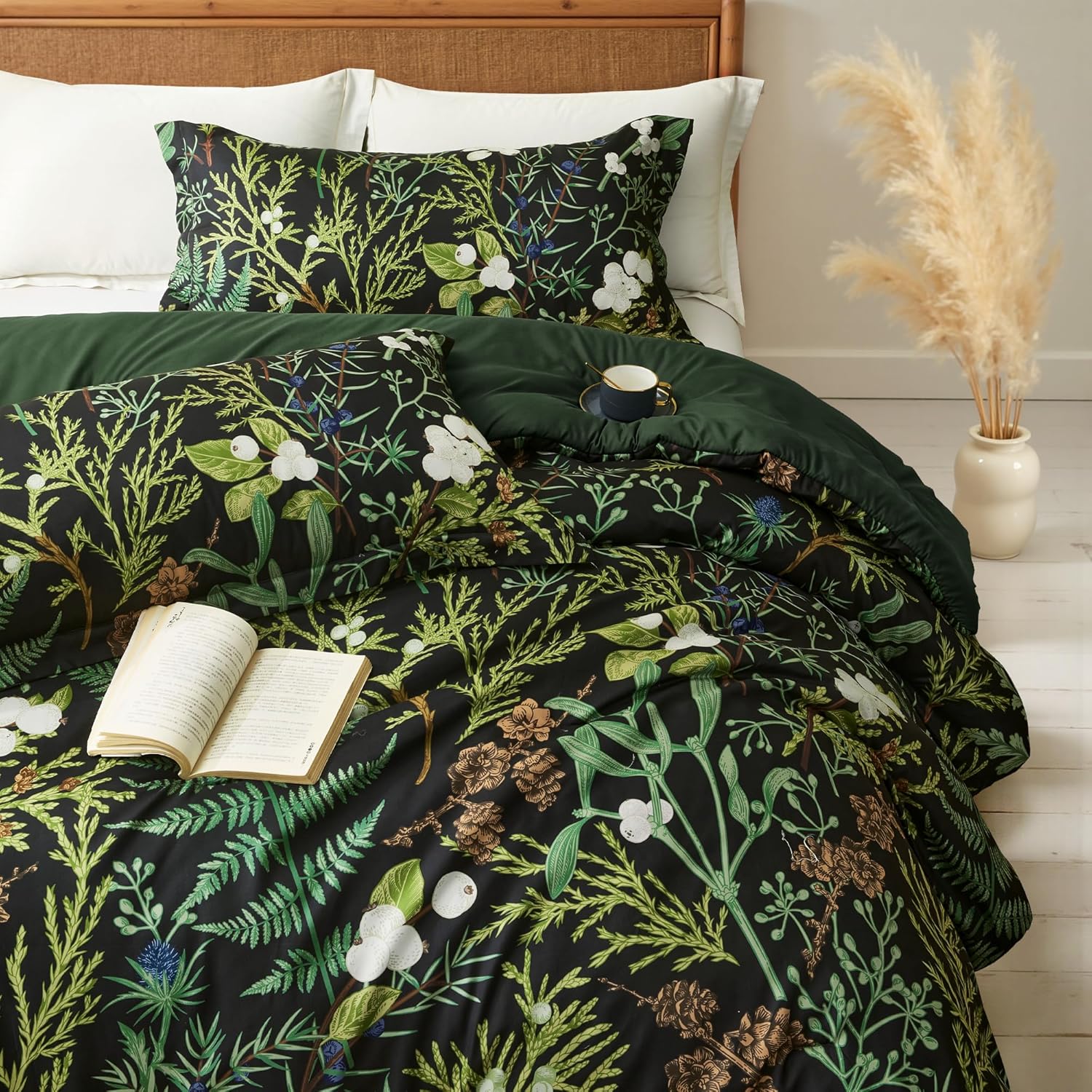King Comforter Set - 3 Pieces Botanical Bedding Comforter Set, 1 Soft Green Plant Flowers Comforter (104"x90") and 2 Pillow Shams(20"x36") Ultra-Soft Comfort Suitable for All Seasons - Image 3