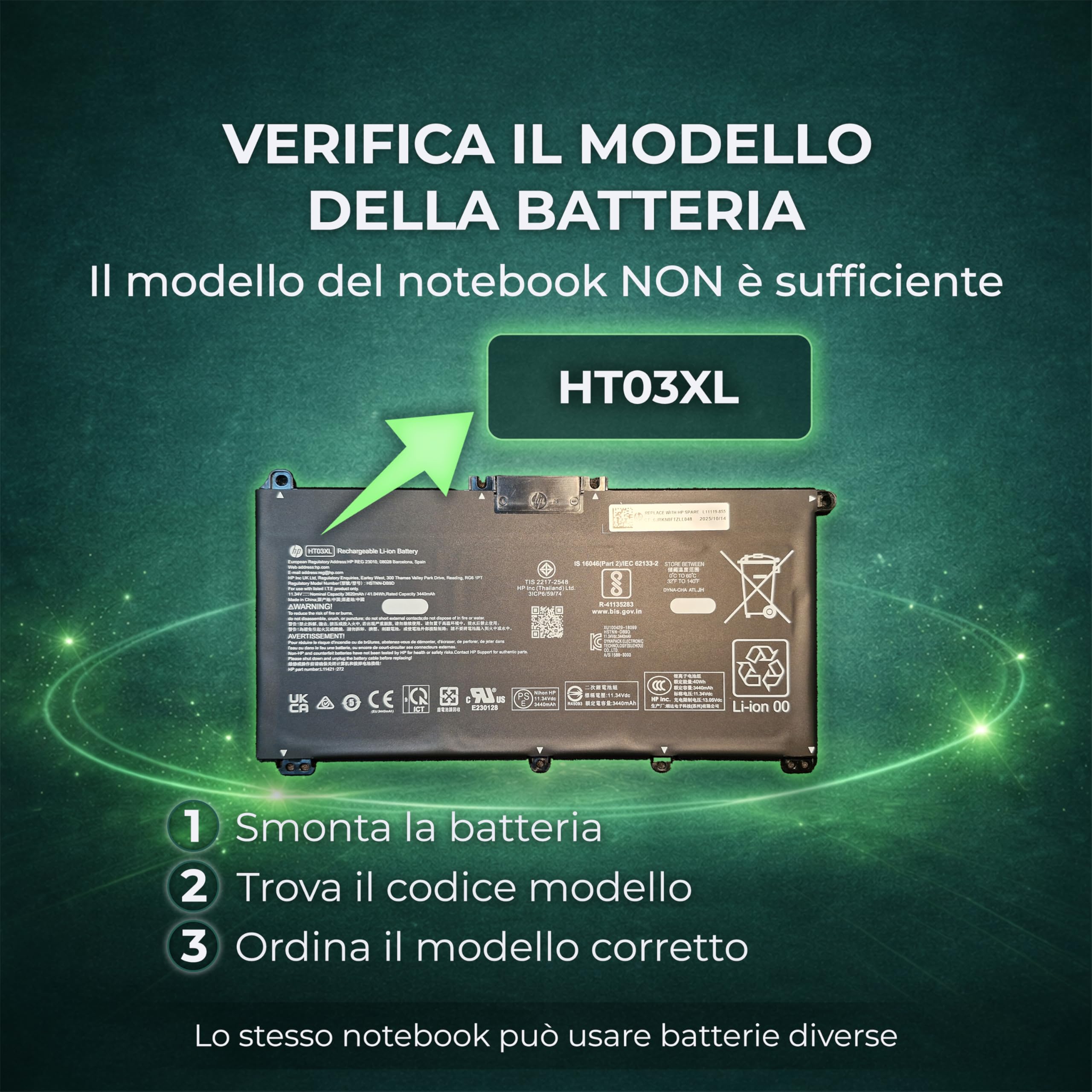 Batteria compatibile con HP HT03XL, HTO3XL Batteria L11119-855 Computer Portatile Compatibile HP 240, 245, 250, 255 G7, con PC Pavilion 14-CD, 14-CE, 14-CF (Capacità: 3600 mAh | 41 Wh)