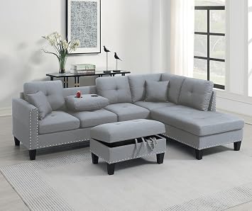 Poundex 3pc Sectional Sofa Set Linen-Like Fabric Taupe Grey