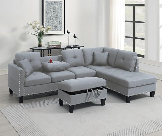 Poundex 3pc Sectional Sofa Set Linen-Like Fabric Taupe Grey