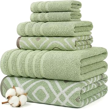 Modern Threads 6 Piece Bath Towel Set – Bathroom Set with 2 Bath Towels, 2 Hand Towels, and 2 Wash Cloths – 100% Cotton, Super Absorbent & Extra Soft – Reversible Classic Diamond (Sage Green)