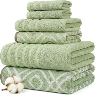Modern Threads 6 Piece Bath Towel Set – Bathroom Set with 2 Bath Towels, 2 Hand Towels, and 2 Wash Cloths – 100% Cotton, Super Absorbent & Extra Soft – Reversible Classic Diamond (Sage Green)