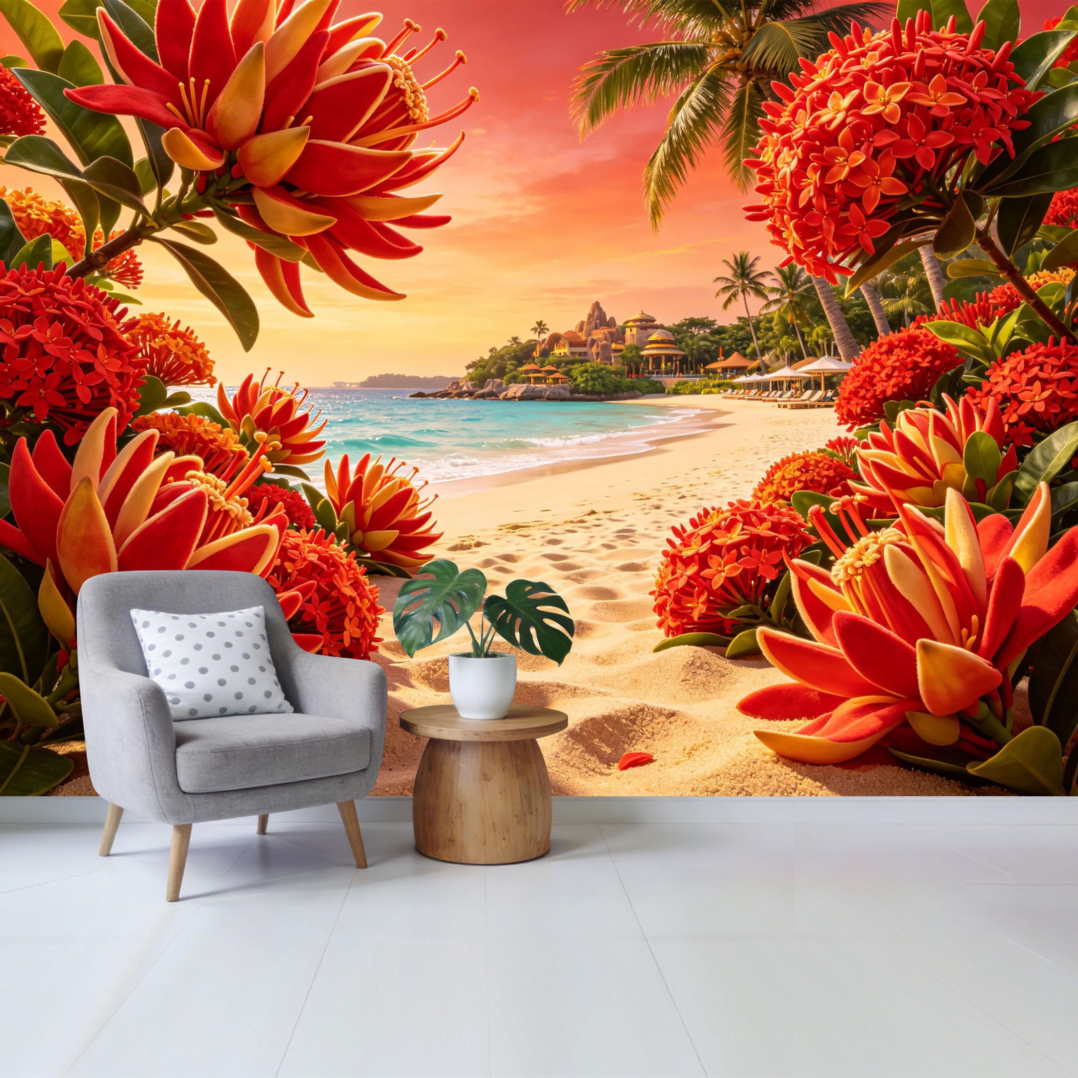 Custom Size Wall Mural Tropical Sunset Beach Vibrant Red Botanical Floral Scene SelfAdhesive Wall Fabric Removable Wallpaper for Home Office Decor
