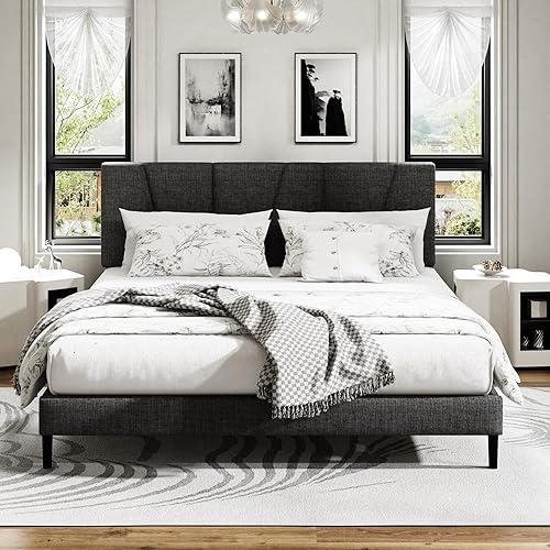 Miniatura 11 de Base de cama plataforma tamaño Queen con cabecero tapizado, soporte de listones de madera, sin ruido, no necesita somier, fácil montaje, gris claro,
