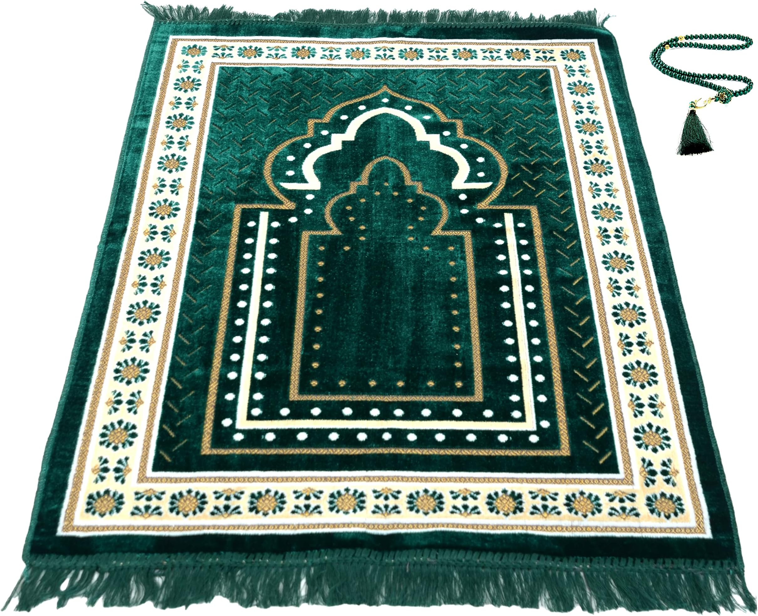 TB Islamic Prayer Rug Thick Soft Velvet Muslim Mat Unique Arabic Turkish African Embroidered Design Prayer Bead Daily Salah Prayer Meditation Ramadan Eid Gift for Women Men Kids (Green)