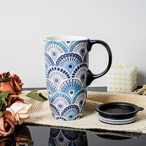 Miniatura 5 de Taza de viaje de café de cerámica de 17 onzas con asa y tapa deslizante resistente a las salpicaduras, taza de arte de té alta de porcelana de gran