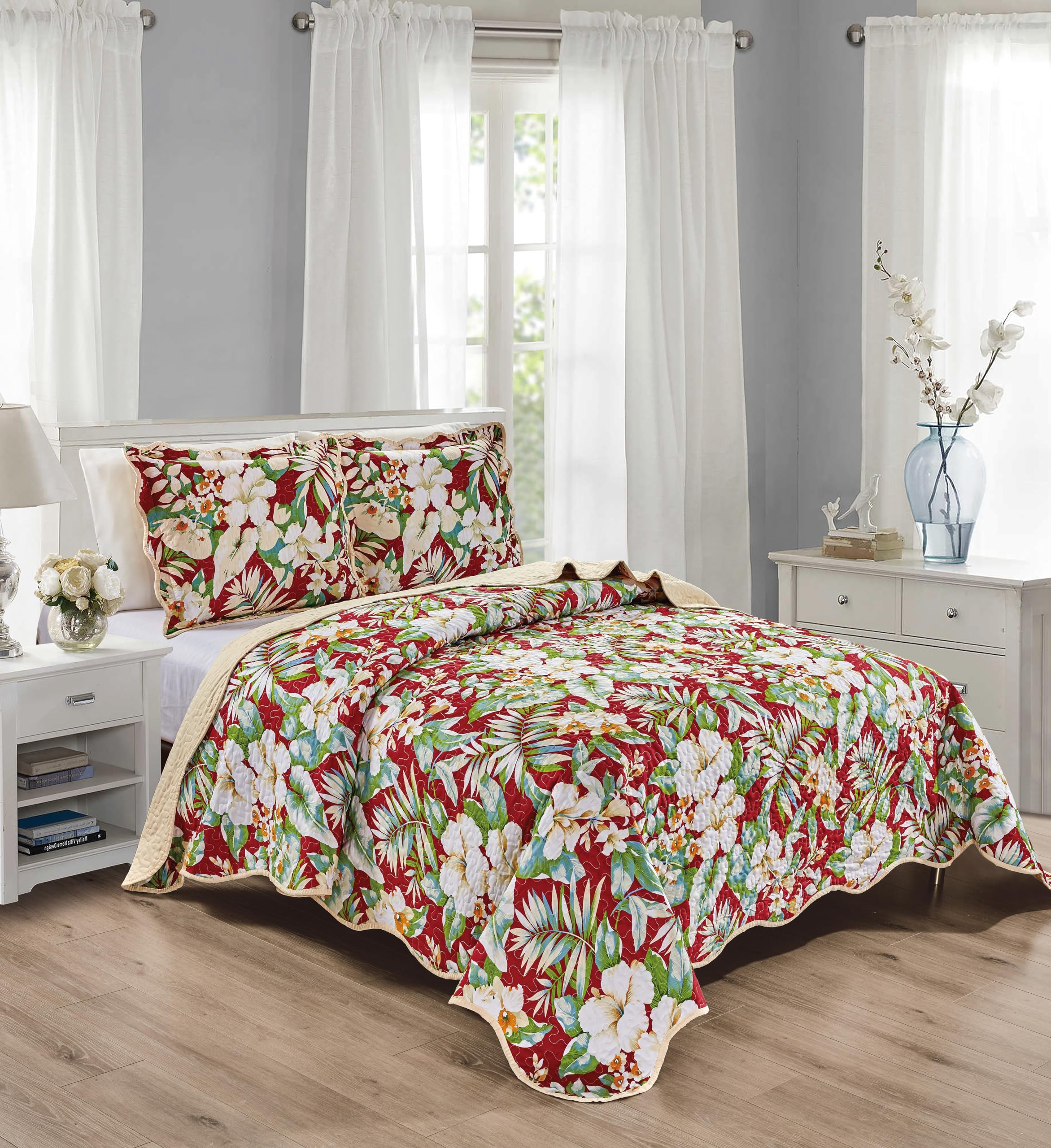 Grand Linen 3-Piece California Cal King Size Tropical Oversized Quilt Set 120 inch X 106 inch All Seasons Bedspread, Pillow Shams Lightweight Soft Coverlet Red Green White Colors Floral Leaves Pattern