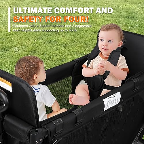 Miniatura 3 de Cochecito para 2 niños, asiento alto y arnés de 5 puntos, carro plegable todo terreno para niños pequeños con toldo, organizador para padres, bolsa