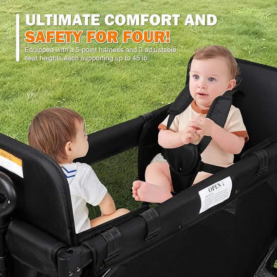 Wagon Stroller for 2 Kids, High Seat & 5 Point Harness, Foldable All-Terrain Wagon for Toddler with Canopy, Parent Organizer, Shoulder Bag, Adjustable Handlebar, Ultimate Double (Black, W2-M)