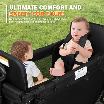 Wagon Stroller for 2 Kids, High Seat & 5 Point Harness, Foldable All-Terrain Wagon for Toddler with Canopy, Parent Organizer, Shoulder Bag, Adjustable Handlebar, Ultimate Double (Black, W2-M)