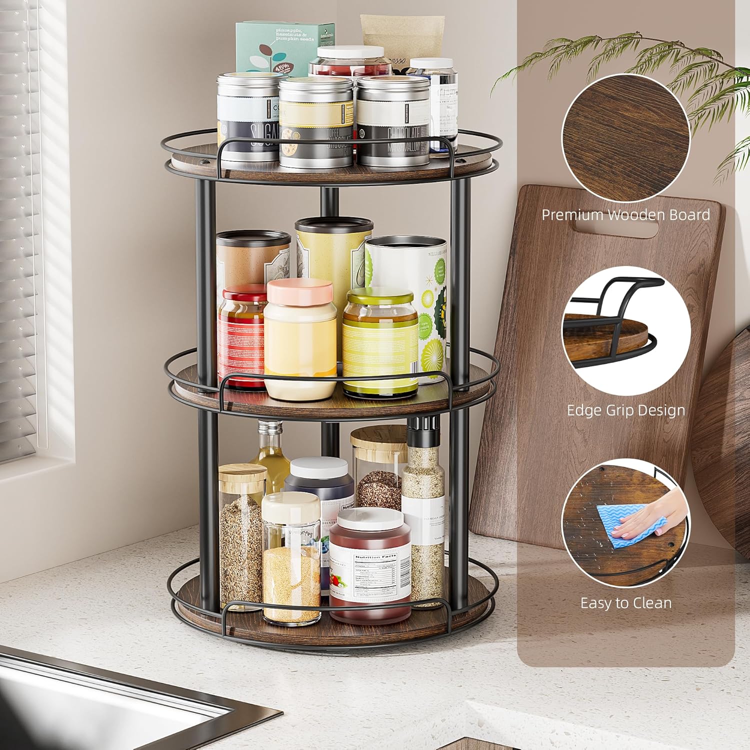 LAMU 12.2'' Wood Lazy Susan Turntable Organizer for Cabinet, 3 Tier Lazy Susan Spice Rack Organizer for Kitchen, Table Top, Countertop, Pantry, Bathroom