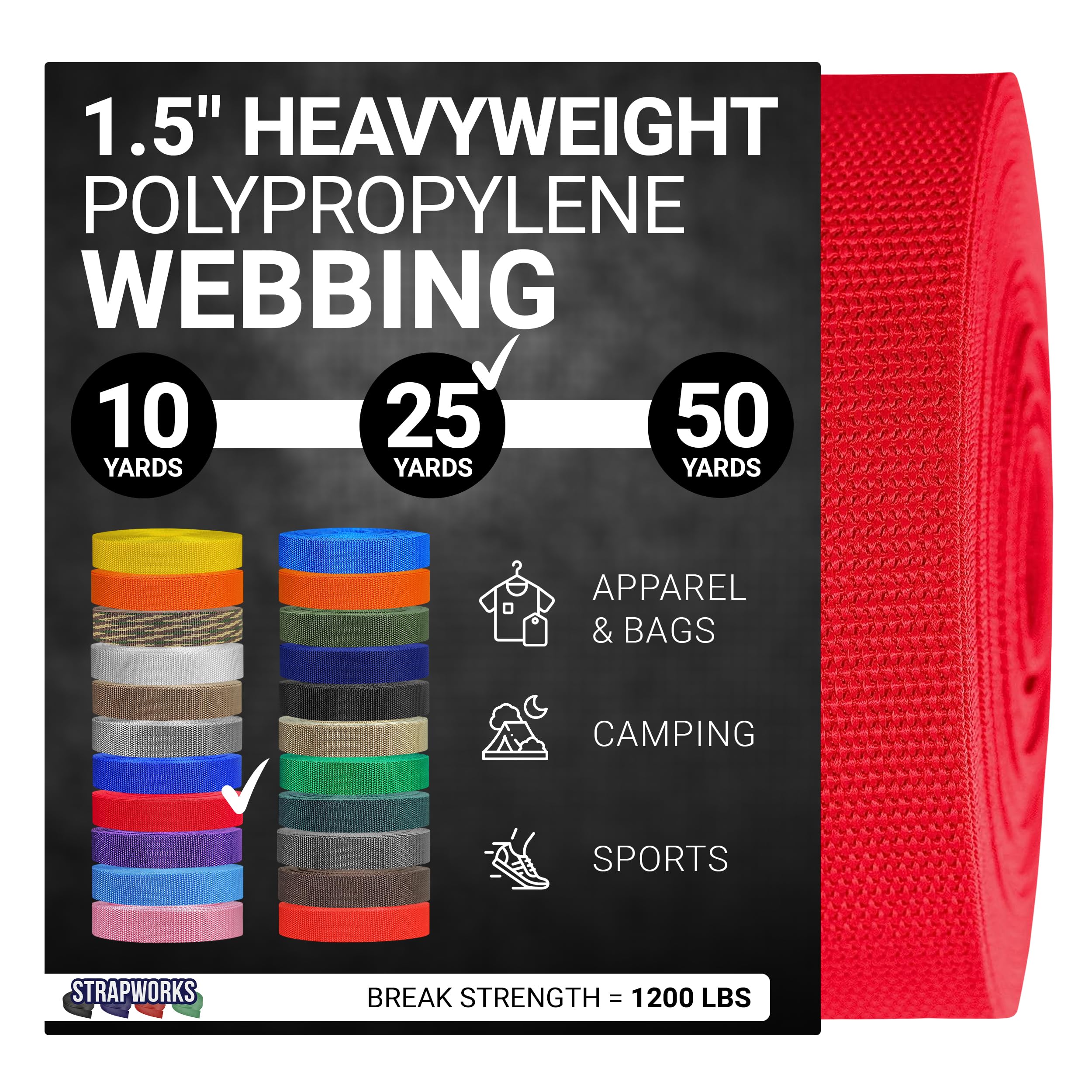 Strapworks Heavyweight Polypropylene Webbing - Heavy Duty Poly Strapping for Outdoor DIY Gear Repair, 1.5 Inches