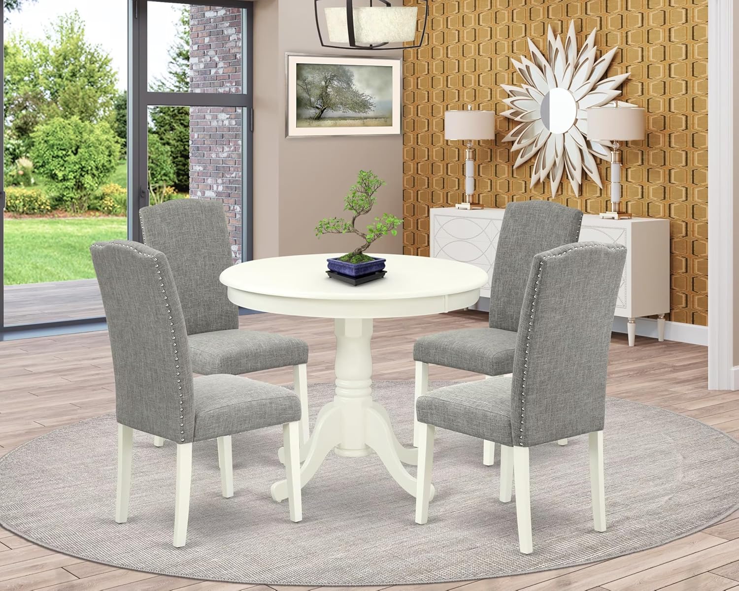 East West Furniture ANEN5-LWH-06 5 Piece Dining Room Furniture Set Includes a Round Kitchen Table with Pedestal and 4 Dark Shitake Linen Fabric Parsons Dining Chairs, 36x36 Inch, Linen White image 2 of 15 B07V1P8939