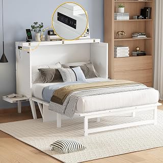 KEIKI Full Size Murphy Bed with USB Port and Removable Shelves on Each Side, Solid Pine Murphy Cabinet Bed for Home Office, Guest Room,White