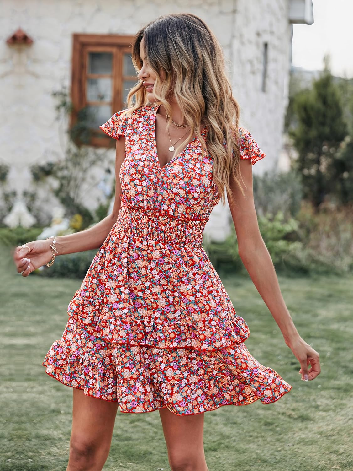 PRETTYGARDEN Womens Summer Dresses Boho V Neck Floral Print Ruffle Sleeve Layered Mini Dress Cute Smocked Waist Short Dress - Image 3