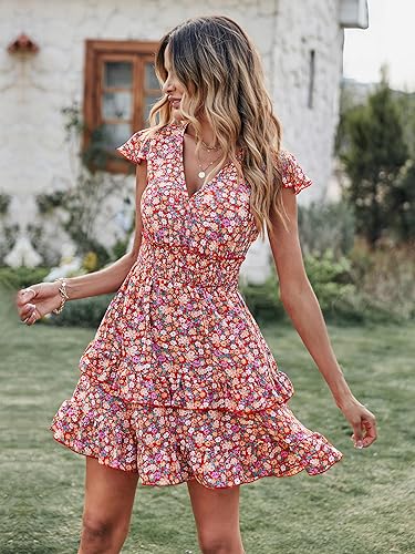 Miniatura 3 de PRETTYGARDEN Vestidos de verano para mujer, estilo bohemio, cuello en V, estampado floral, manga con volantes, vestido corto en capas, lindo vestido