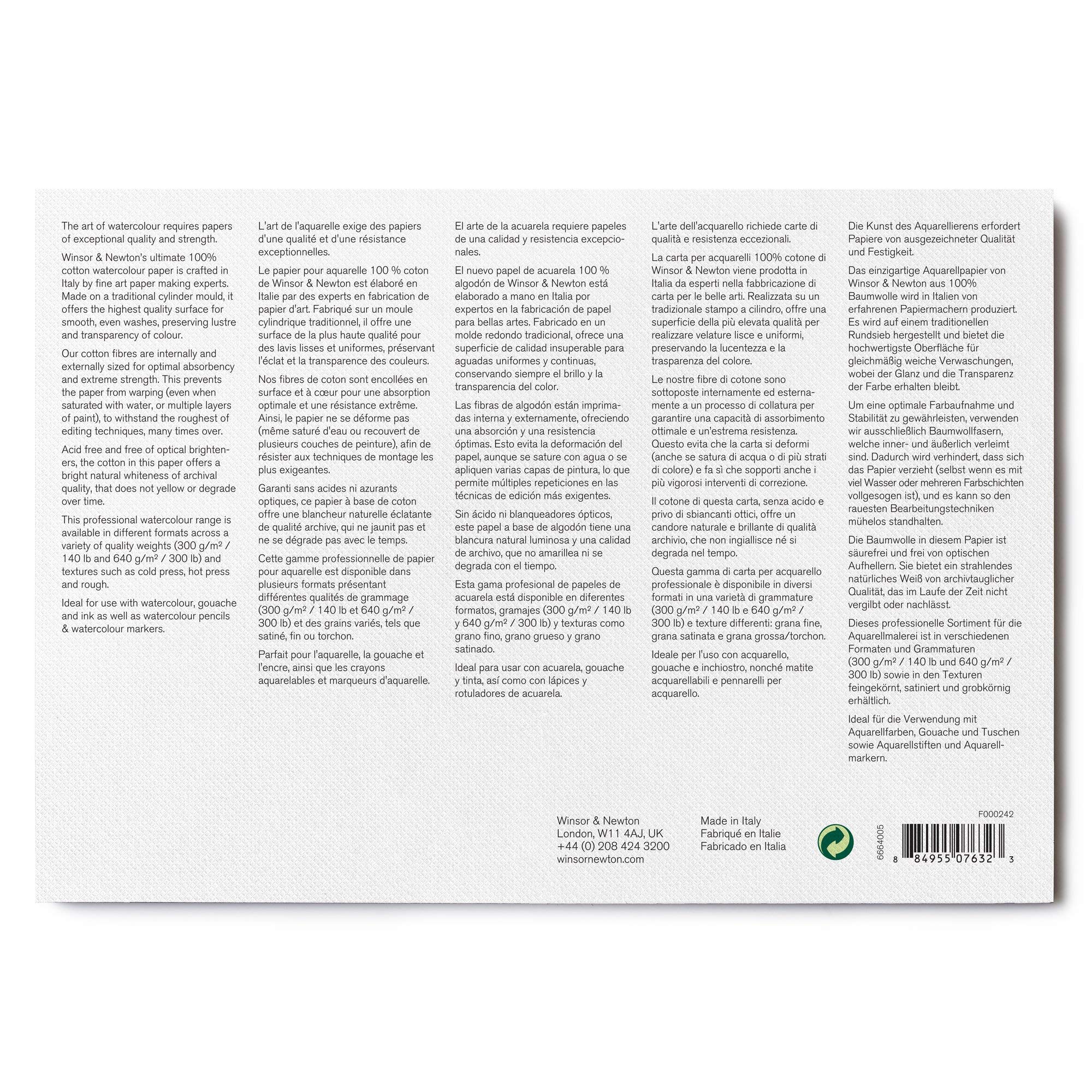 Winsor & Newton Carta per acquarello Professional, Grana Satinata, 300gr, Cotone 100%, Bianco Naturale, Priva di Acidi, 17,8X25,4CM, Blocco incollato 4 Lati, 20 fogli