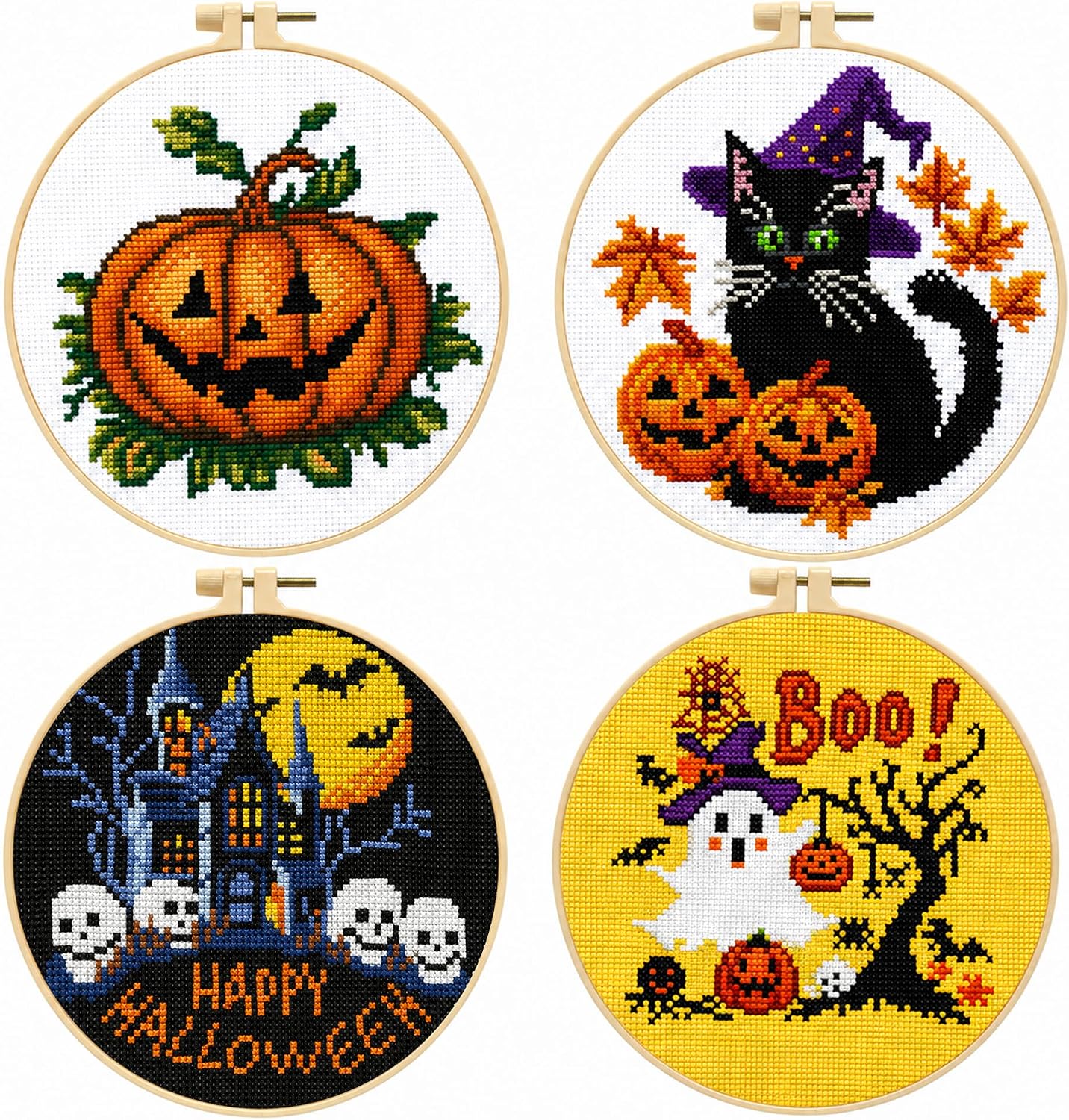 Zhenging Halloween Cross Stitch Kit w/Haunted House, Pumpkin, Black Cat & Ghost | 9.45x9.45 Inch Embroidery Kit with Hoop, Scissors, Tassel | DIY Halloween Decor, Gifts(68305)
