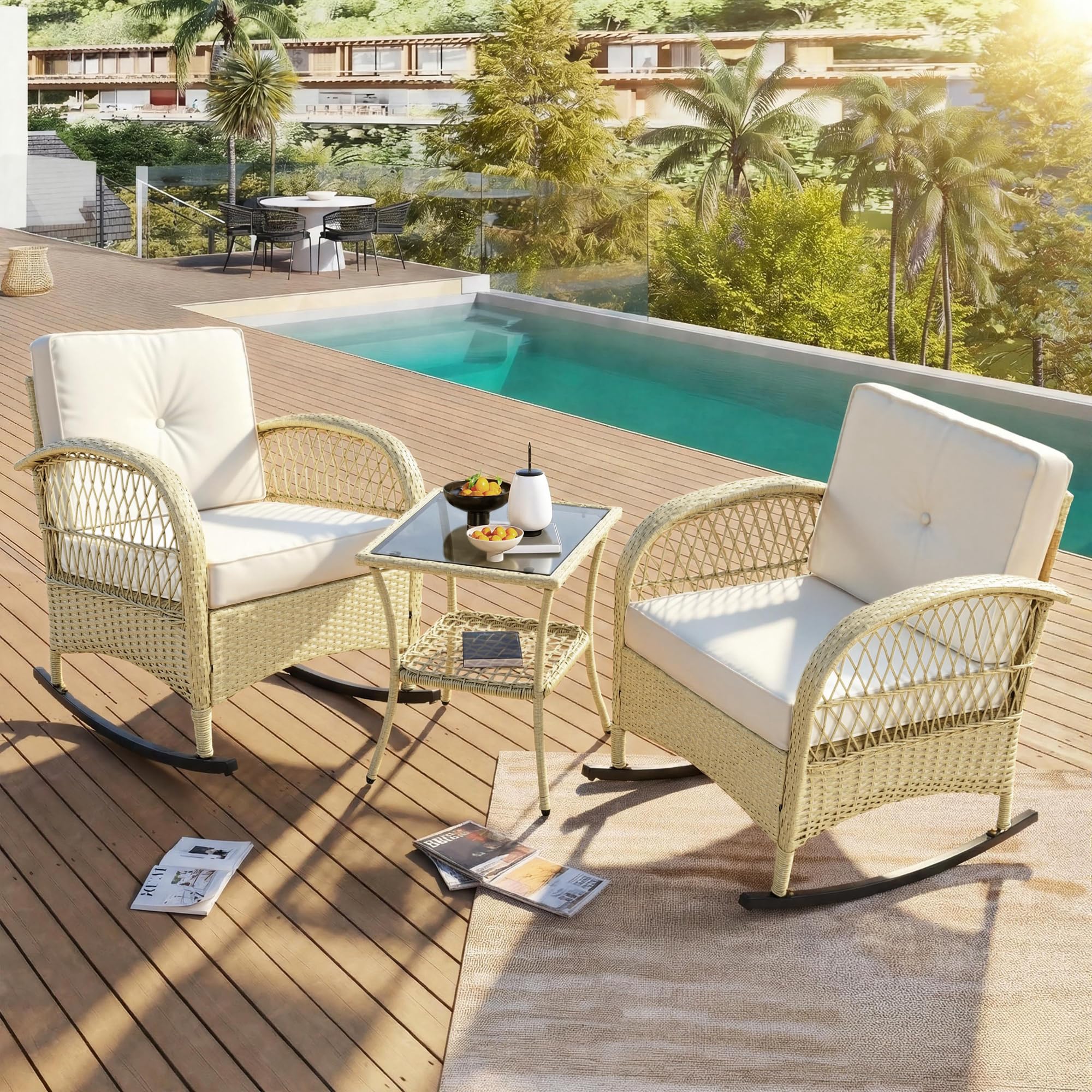 Conjunto de Jardin Exterior de Ratán para 2 Personas, 3 Piezas | Para Terraza Patio, Set Muebles Jardin con Sillones y Mesa de Centro, Mecedora con Cojines, Juego de Muebles de Jardín,Beige