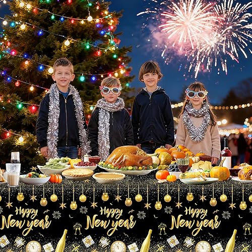 Miniatura 2 de 2 manteles de plástico con texto en inglés "Happy New Year"  Suministros para fiesta de Año Nuevo 2026, mantel desechable grande para mesas de