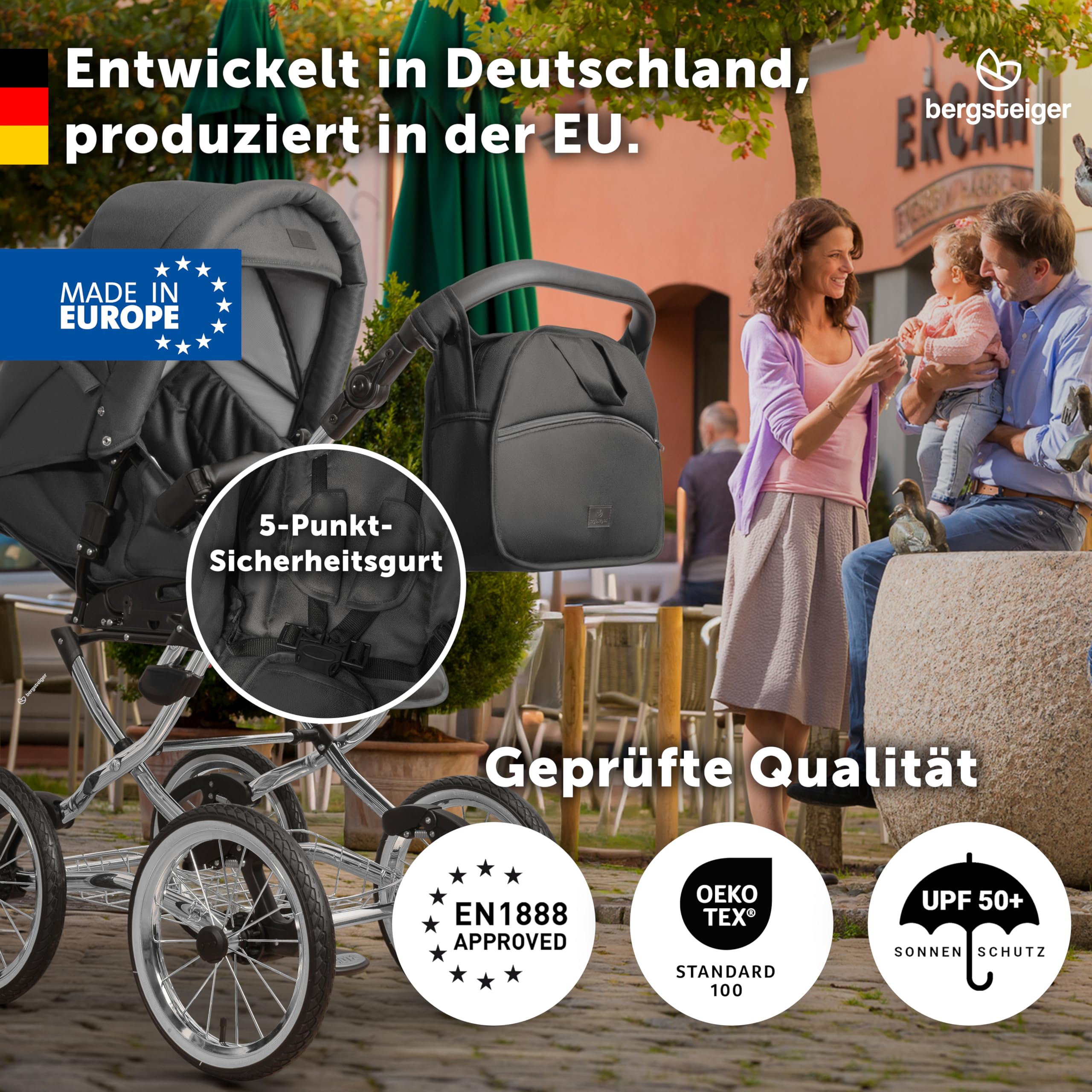 Bergsteiger Venedig Nostalgie Kombikinderwagen 2-in-1 Babywanne | Komfortabler Buggy ab Geburt bis 22 kg mit 14 Zoll Luftreifen Rahmenfederung verstellbarem Griff und Wickeltasche