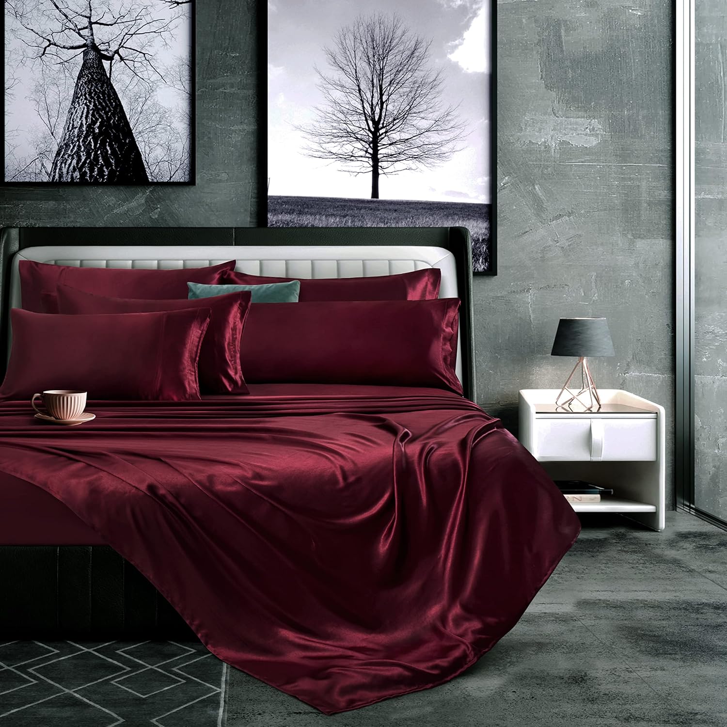 Manyshofu 7Pcs Maroon Satin Sheets California King Set, Luxurious & Soft Satin Bedding - 1 Fitted Sheet, 1 Flat Sheet, 4 Pillowcases + 1 Body Pillowcase California King Maroon image 2 of 9 B09S5WTKY7