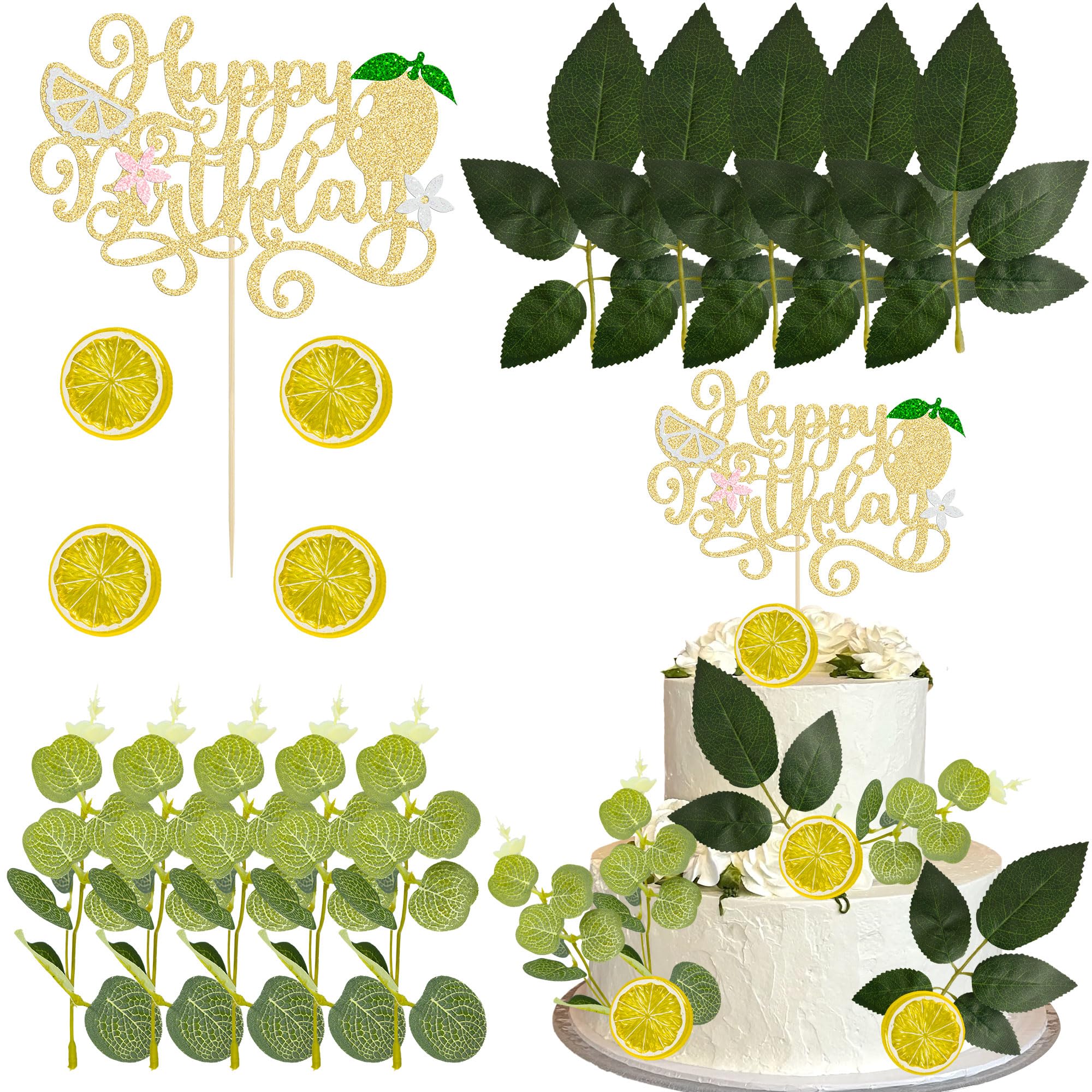 Gyufise 15Pcs Happy Birthday Cake Topper Decorations with Juicy Lemon Slices Leaves Cake Pick Decorations for Baby Shower Birthday Party DIY Cake Decorations