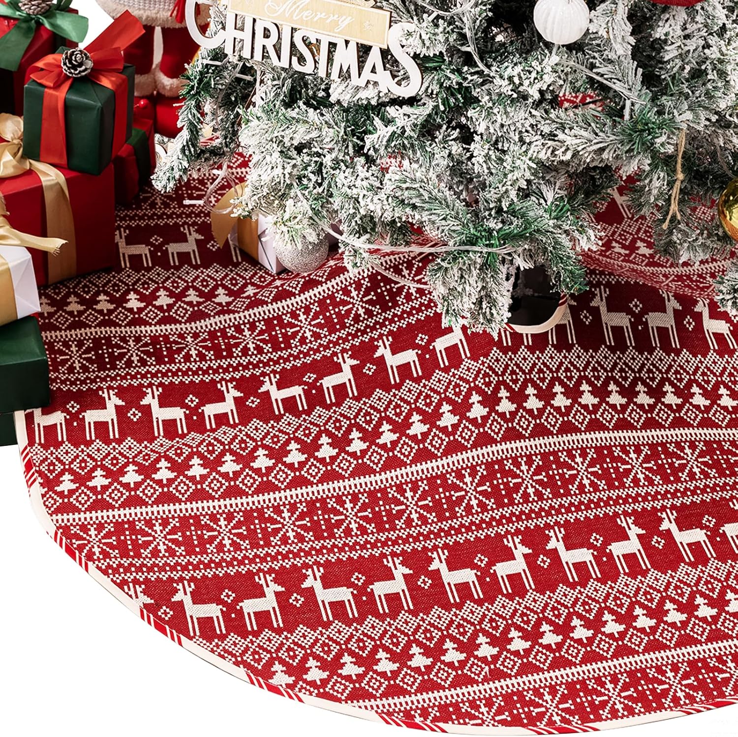 Christmas Tree Skirt 58 Inch Large Holiday Harmony Red Xmas Tree Skirt for Christmas Party Decorations Holiday Ornaments