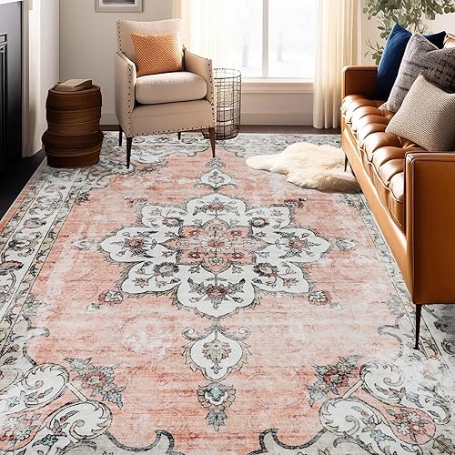 Machine Washable Rug 8x10 Area Rugs for Living Room Large Boho Bedroom Vintage Design Rug, Soft Non-Slip Indoor Rug, Pink/Floral-Print Design
