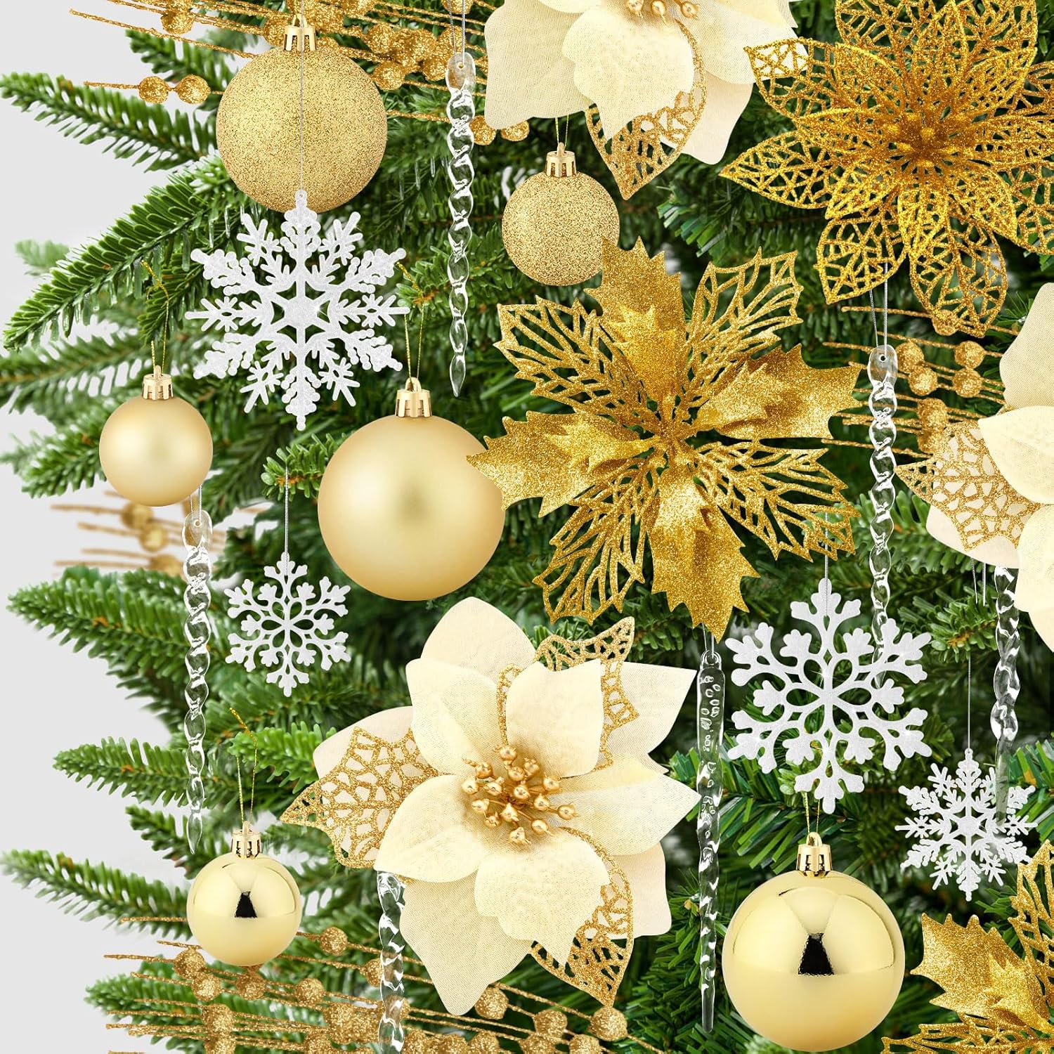 92pcs Set of Christmas Ball Ornaments, Crystal Hanging Snowflake Drop, Xmas Glitter Poinsettia Flowers, Artificial Stems for Christmas Tree Decoration Holiday Wedding Home Party Decor (Golden)