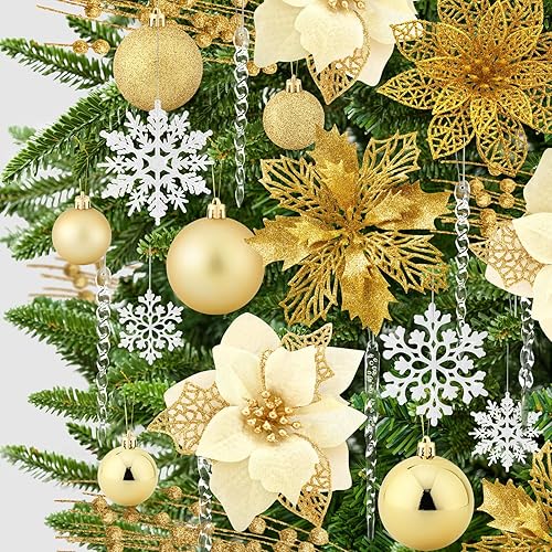 Miniatura 8 de 92 piezas de adornos de bolas de Navidad, copo de nieve colgante de cristal, flores de pascua con purpurina de Navidad, tallos artificiales para Oro
