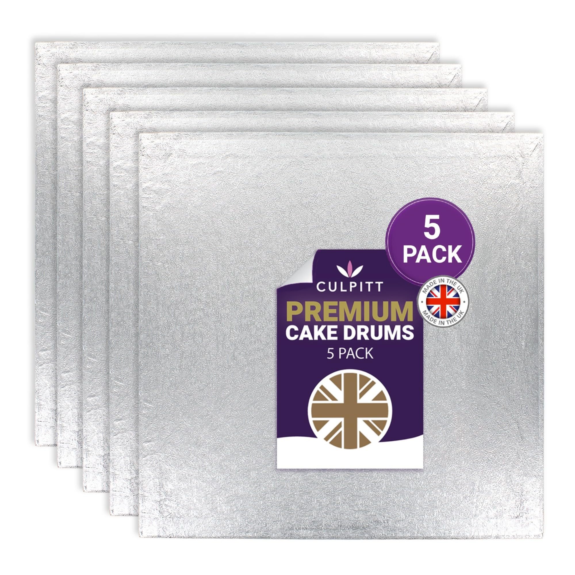Culpitt Silver 8" Premium Cake Boards | 5 Pack | Square Cake Drums For Tray Bakes, Cakes, And Cupcake Displays, 12Mm Thick, Made In Uk | Pack Of 5