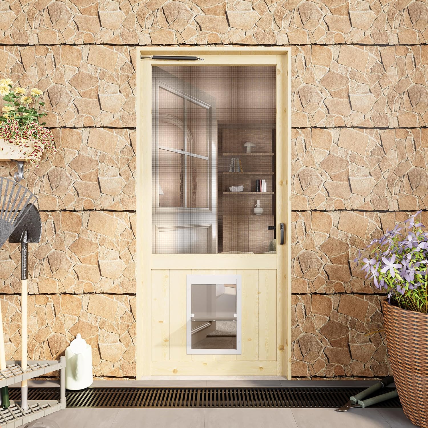 Front Pet Screen Door for Exterior/Interior,36 x 80 Inch Solid Pine Wooden with Built-in Dog Door，Universal Mesh for Home Pantry Patio Pocket Laundry，Only Screen Doors Slab