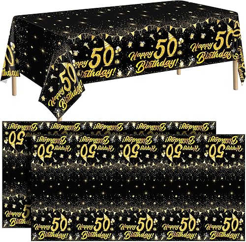 durony Paquete de 2 manteles de plástico para cumpleaños n. 50, color negro y dorado, impermeable, rectangular, para fiestas en interiores o