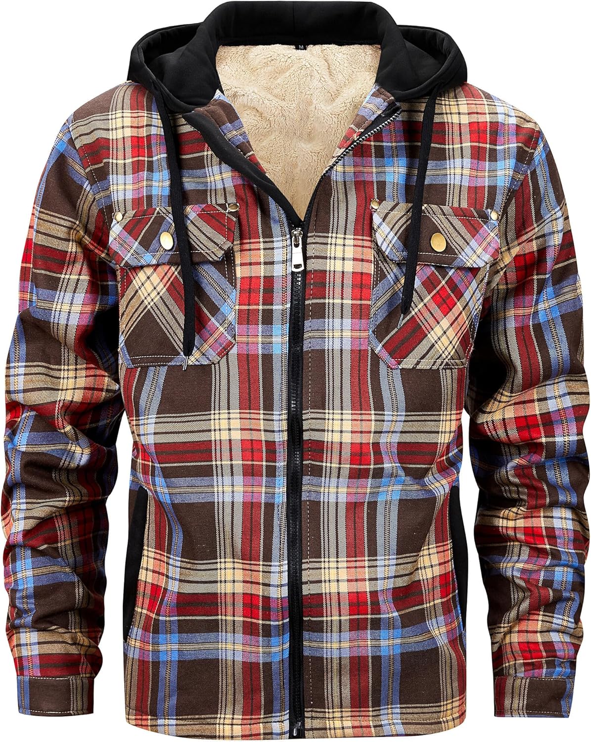 Men's Winter Fleece Warm Thick Plaid Jackets Heavyweight Cotton Hoodies Flannel Hooded Shirt Jacket