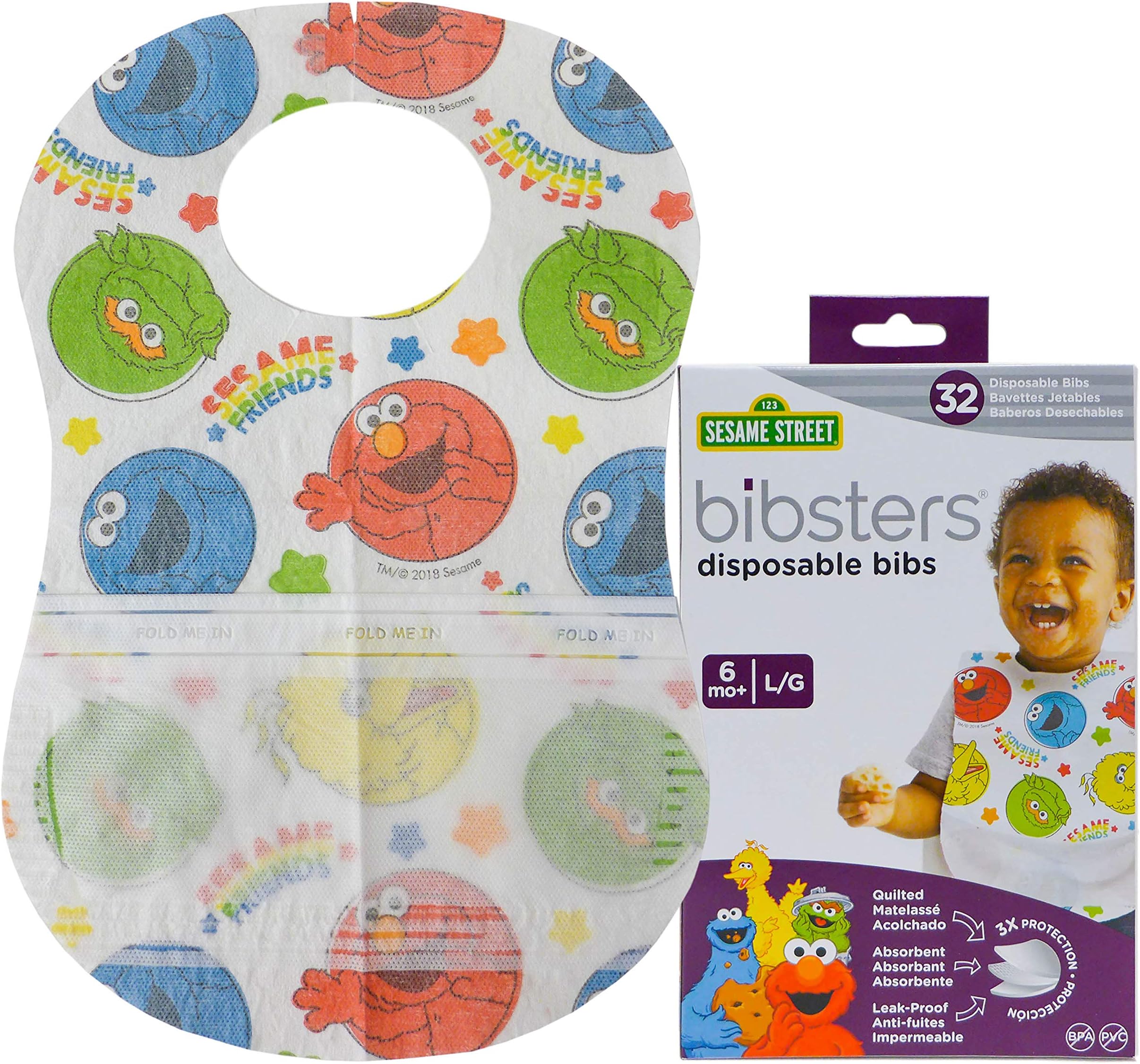 Sesame Street Large Disposable Bibs with Patented Crumb-Catcher, Leakproof Liner, and Reusable Fastener, Ages 6+ Months, 32 count