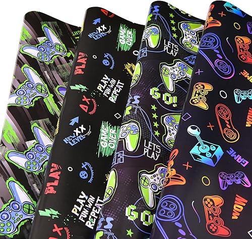 Sikiweiter Papel de regalo para videojuegos, papel de regalo de videojuegos, 8 hojas de papel de regalo de cumpleaños y Navidad para niños y niñas,