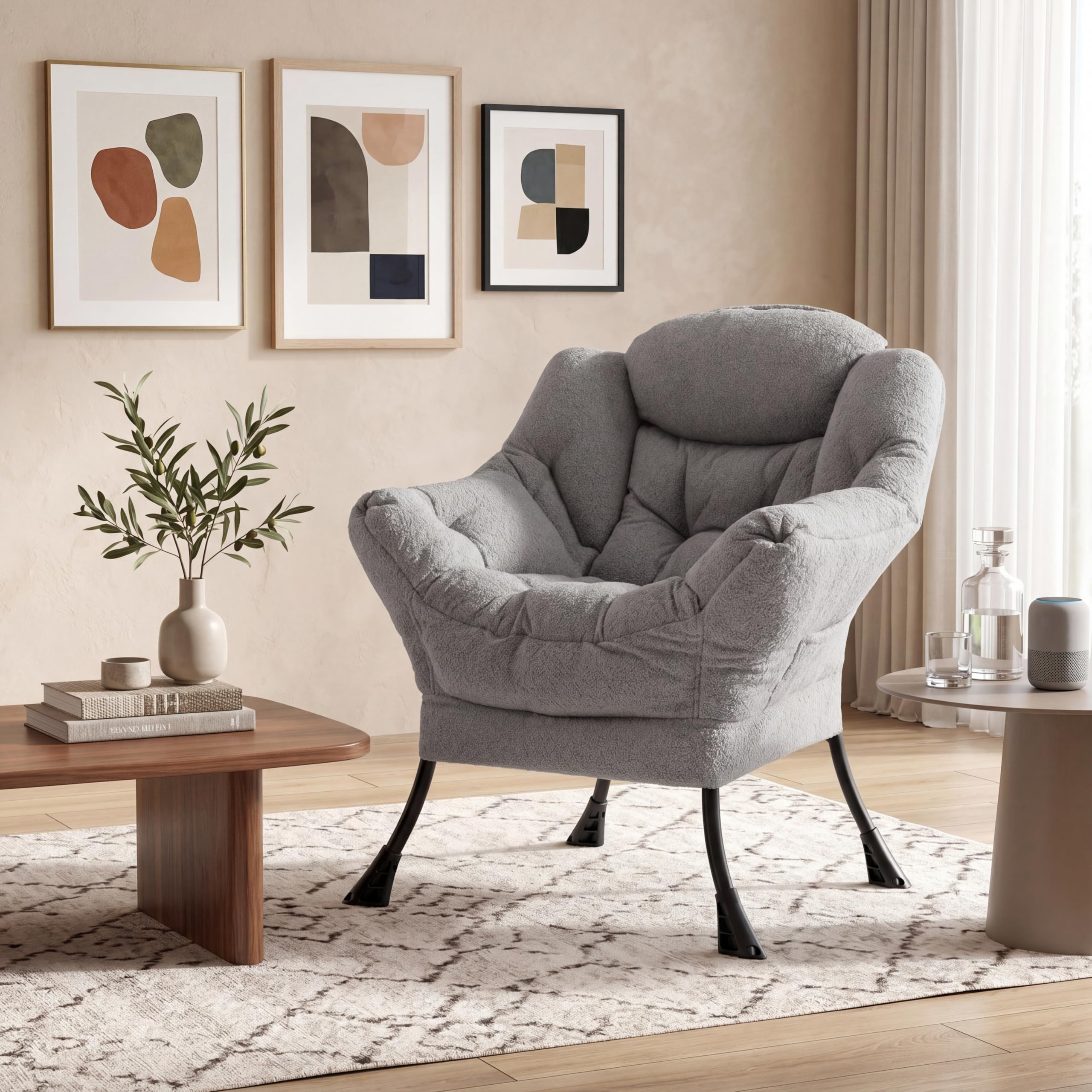 SOARS Poltrona Salotto Relax, Poltroncina da Lettura in Finto Sherpa con Braccioli, Tasca Laterale e Struttura in Metallo, Portata 150 KG, Sedia Imbottita Moderna per Soggiorno, Camera da Letto