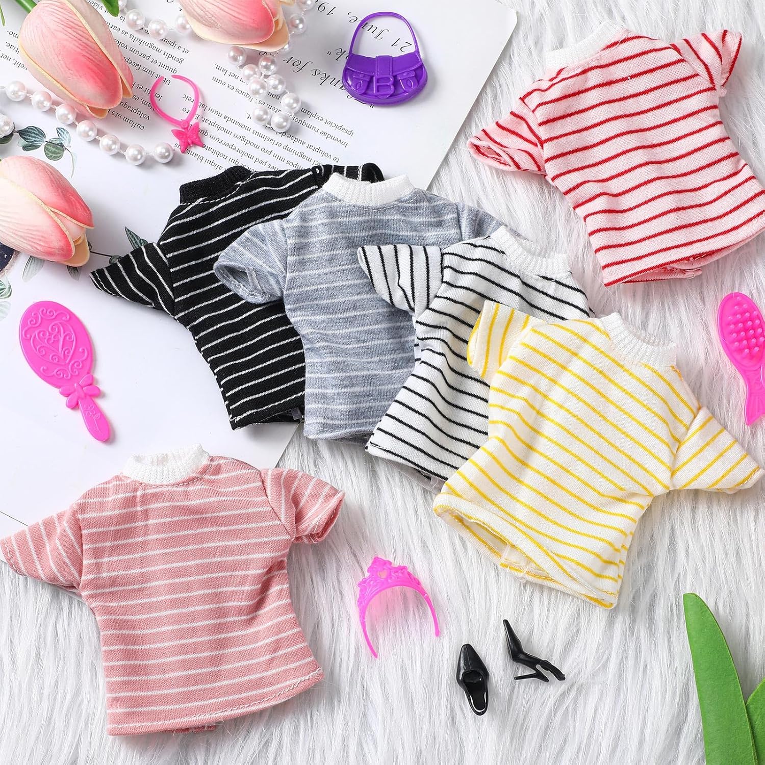 Bencailor 6 Pcs Doll Clothes for 11.8 Inch Doll Clothing Outfit Accessories Winter Coat Tops Swimwear T Shirt Dress Outfit Birthday Gift(Striped Style,Warm Color)
