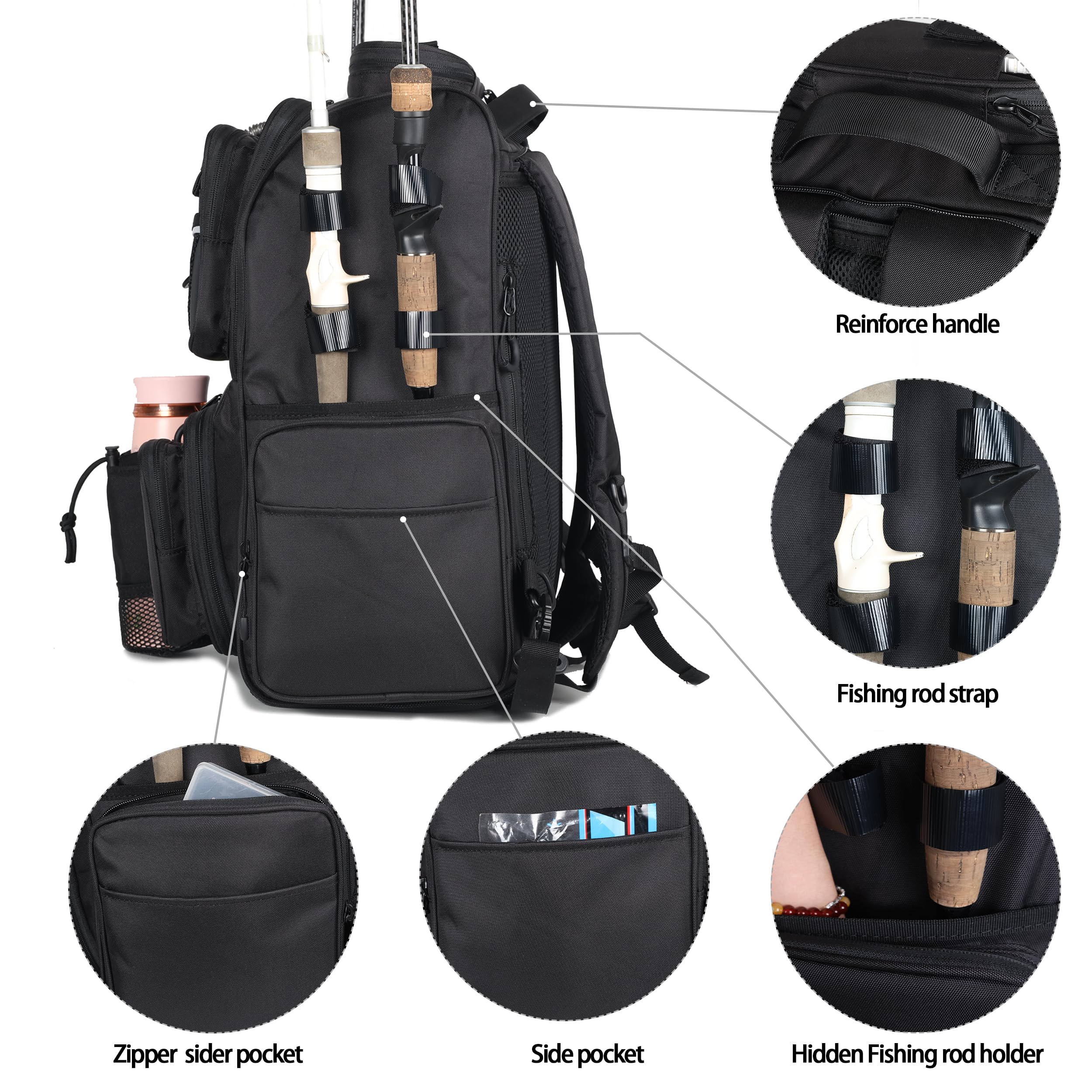 Mochila de aparejos de pesca con soportes para caña (bandejas no incluidas), mochila de pesca grande de 40 L, equipo de pesca, regalos de pesca para hombres