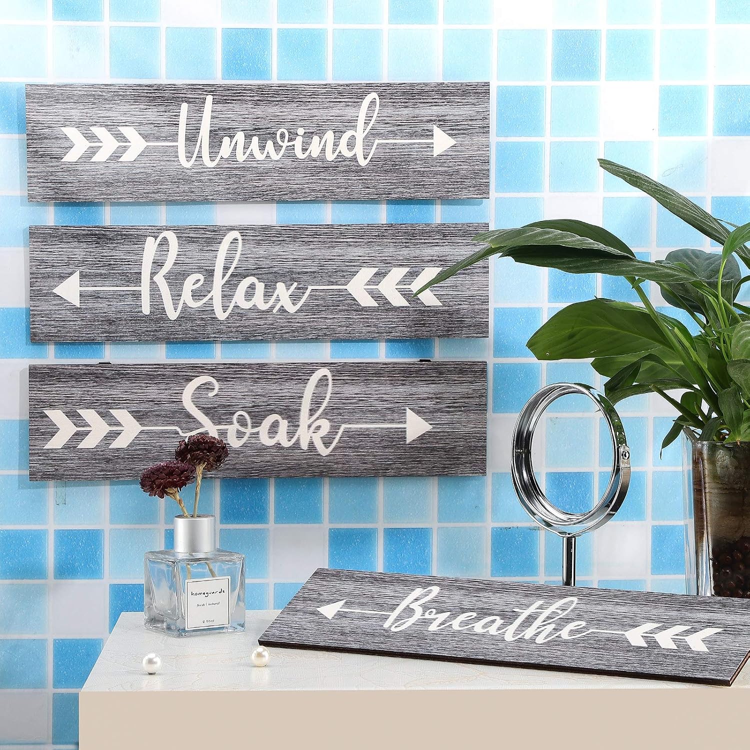 Jetec 4 Pieces Farmhouse Bathroom Wall Decor Soak Relax Unwind Breathe Wooden Signs Rustic Wooden Plaque with Arrow Signs Hanging Vintage Bathroom Wall Decor for Home Laundry Room Bathroom (Gray)