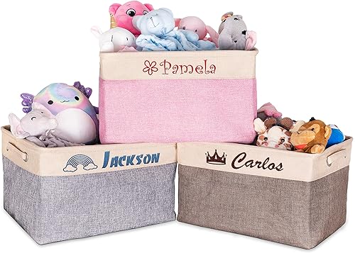 Caja de juguetes plegable bordada personalizada con nombre e icono, 3 colores, 10 fuentes, 18 colores de hilos y 14 iconos, 9 x 11 x 15 pulgadas,