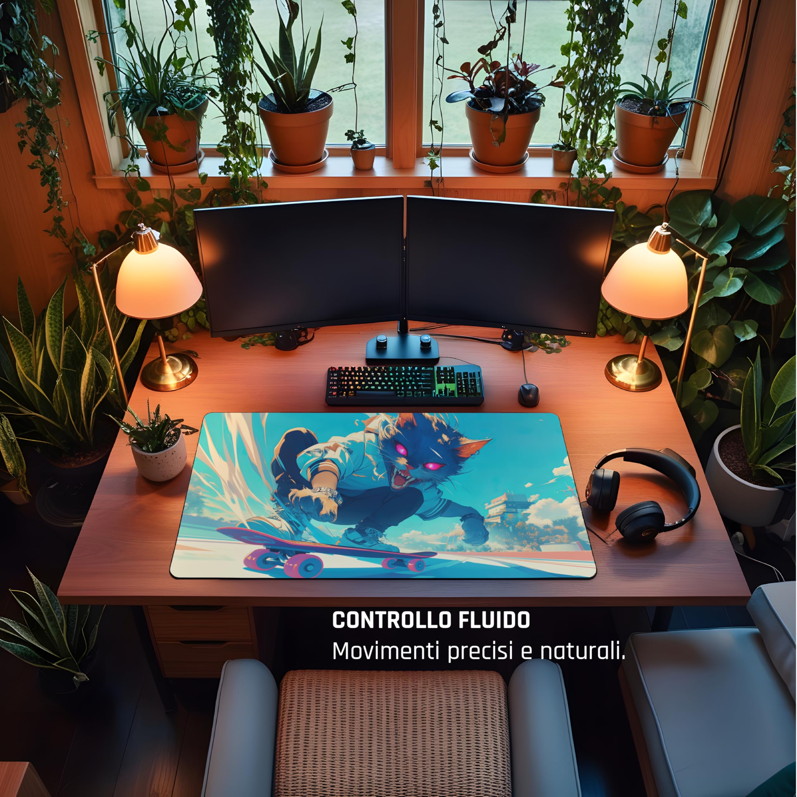 TRYNOVAS Tappetino Mouse XXL 90×40 cm (3mm) – Anime Gatto Skater Cyberpunk – Tappetino Gaming Grande, Base Antiscivolo, Bordi Cuciti, Desk Pad per PC e Setup Gamer