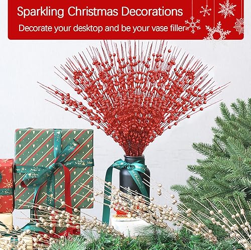 Miniatura 5 de N&T NIETING Paquete de 20 palitos de árbol de Navidad con purpurina artificial de bayas rojas de 15.7 pulgadas, palitos con purpurina para