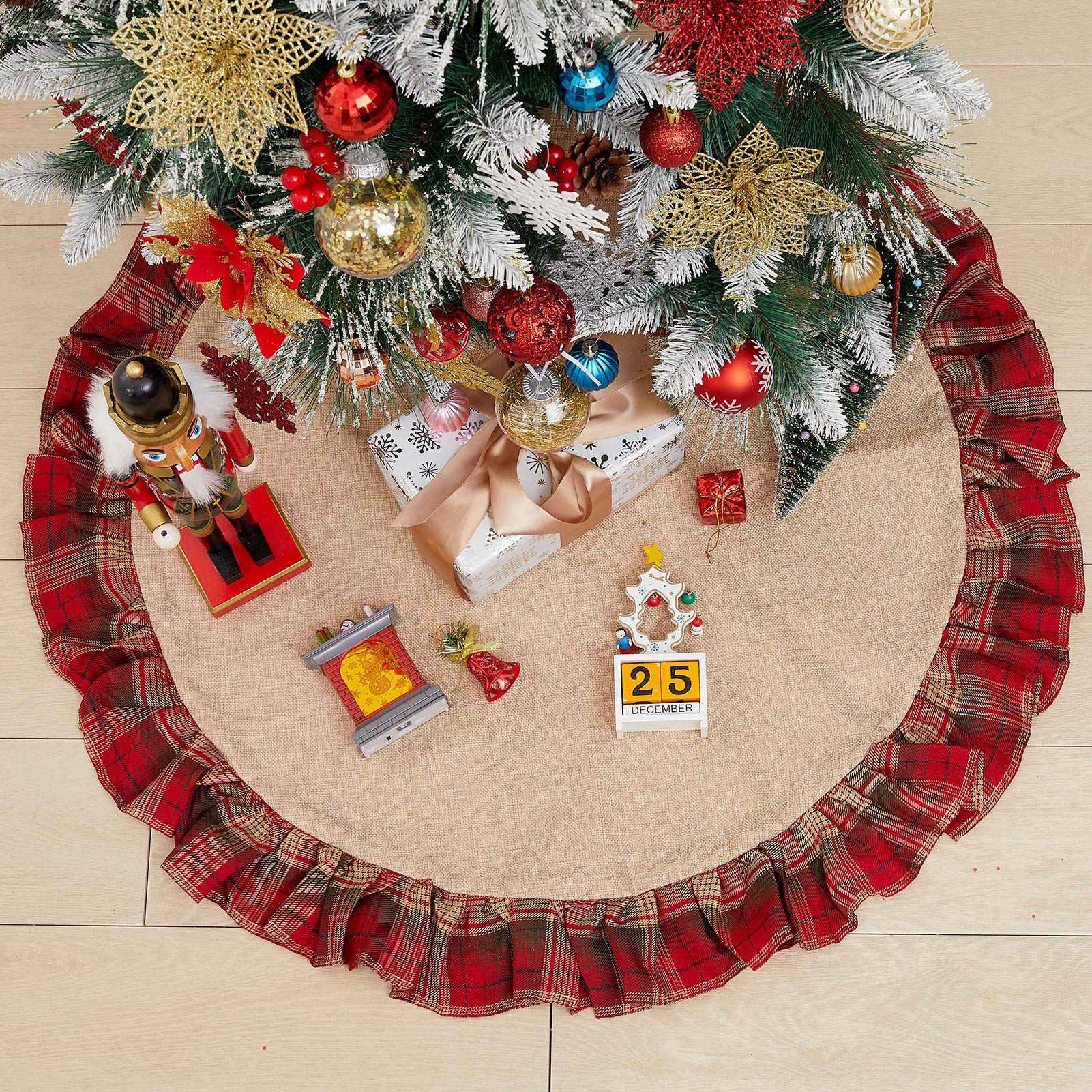 Zhuqing Burlap Christmas Tree Skirt with Dark Red Buffalo Plaid Ruffle Edge, Rustic Xmas Tree Mat for Home Decor Holiday Party Farmhouse, 36 Inch Round Indoor/Outdoor Decorations